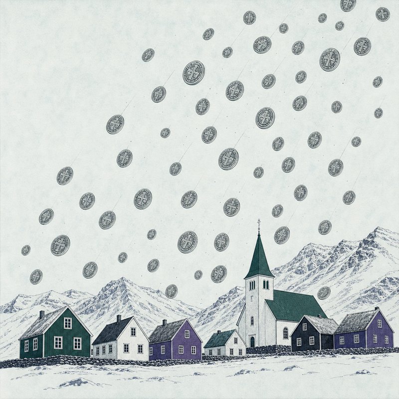 Illustration of coins descending over an Icelandic landscape