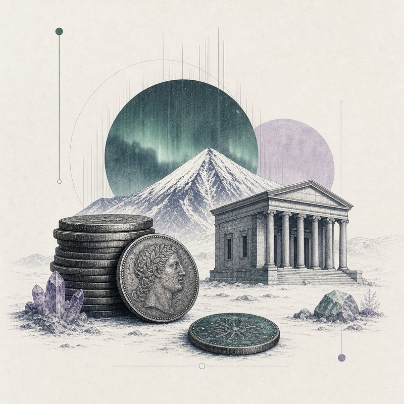 Icelandic króna coins in front of a mountain silhouette