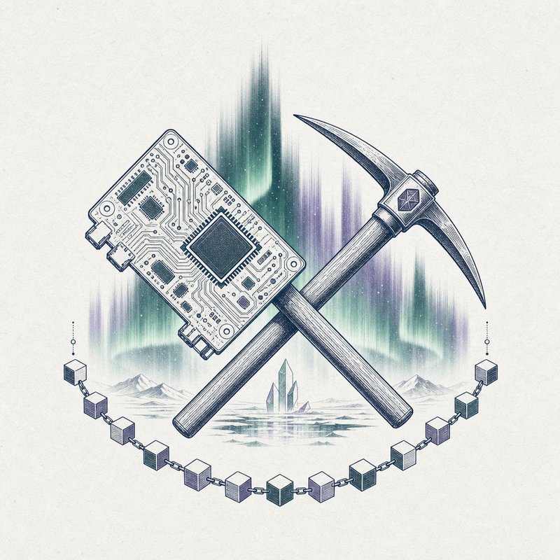 Stylized illustration of mining hardware under aurora light